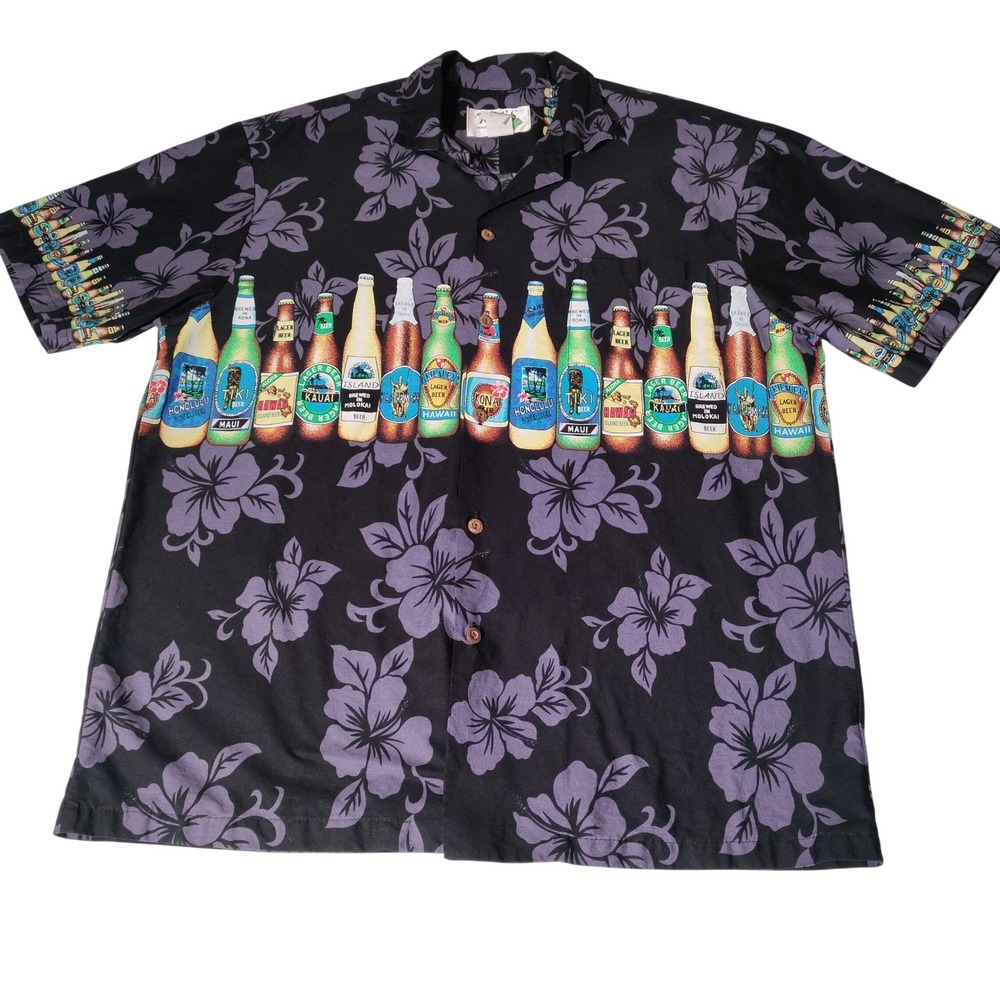 KY'S Made in Hawaii Mens Large Beer Bottle Hibiscus Floral Aloha Camp Shirt L